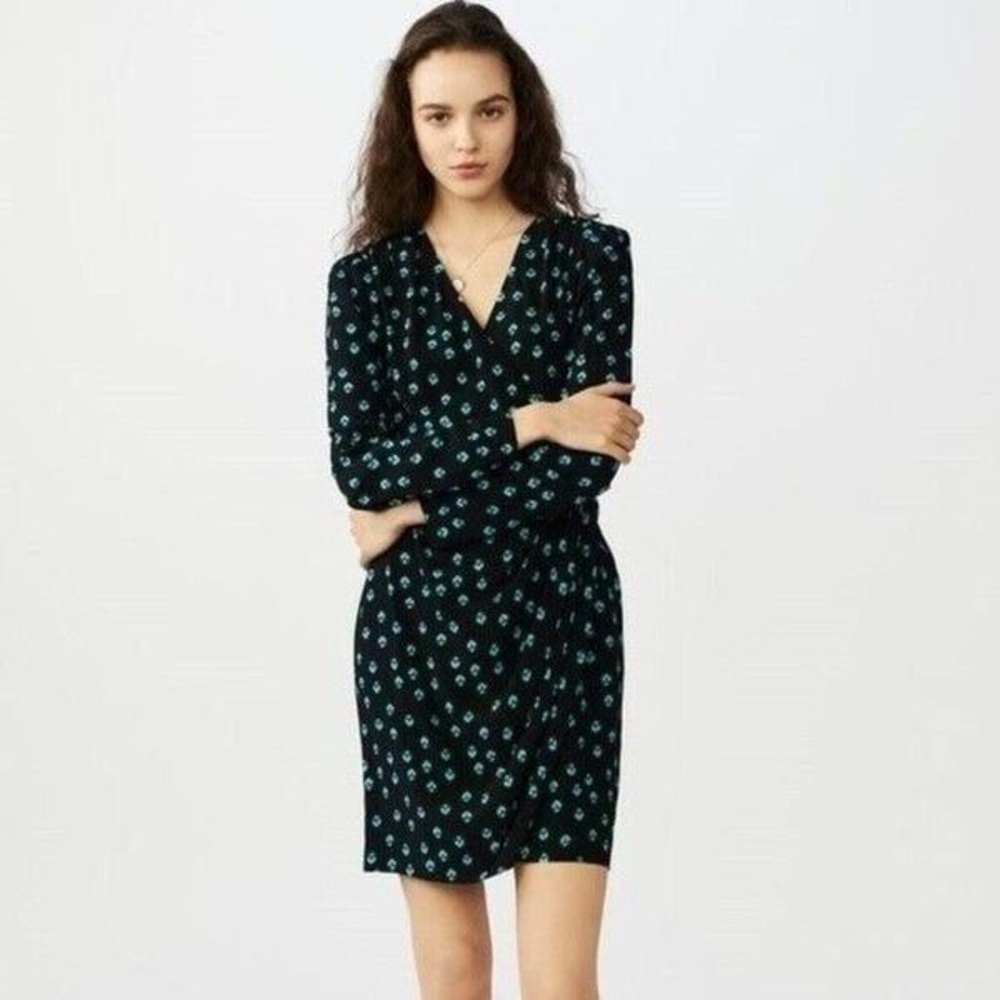 Maje Paris Renimi Floral Mini Dress Long Sleeve Wrap Deep V + Side Button.